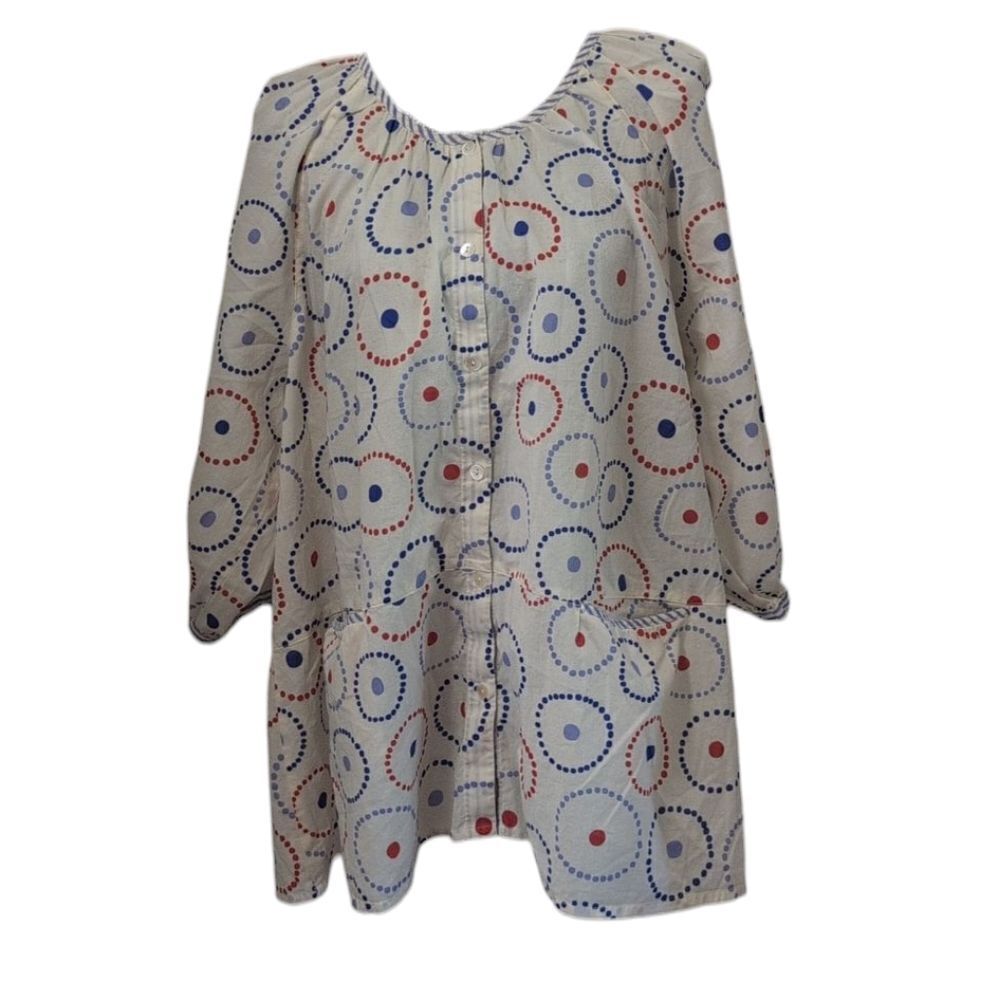 Gudrun Sjoden White Circle Pattern Tunic Oversized Lagenlook Buttons Size L